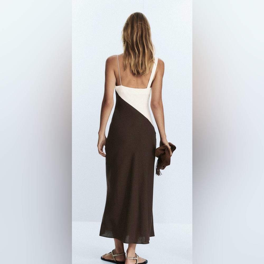 Zara Two-Tone Asymmetrical Slip Dress in Cream and Brown - Picture 5 of 11